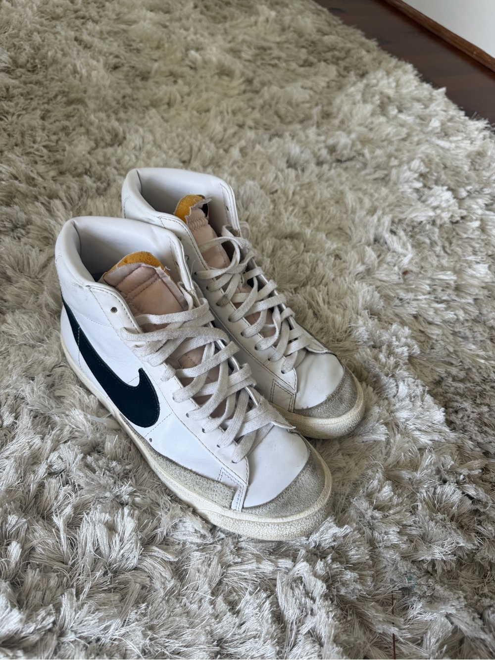 Nike High-Top Sneakers White with Black Swoosh and Yellow Tongue
